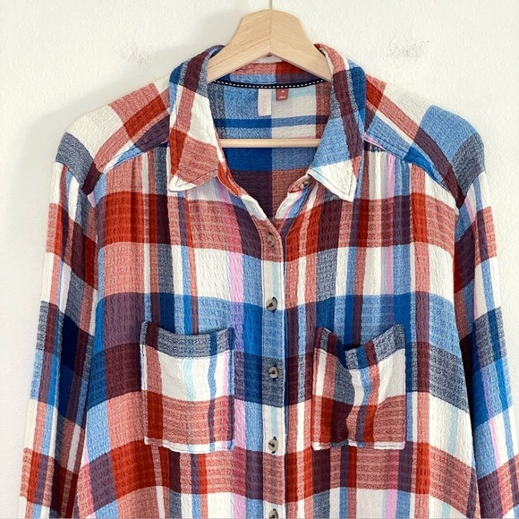 Anthropologie Pilcro Hadley Relaxed Buttondown Shirt Red White Blue Plaid 1X - Picture 9 of 16